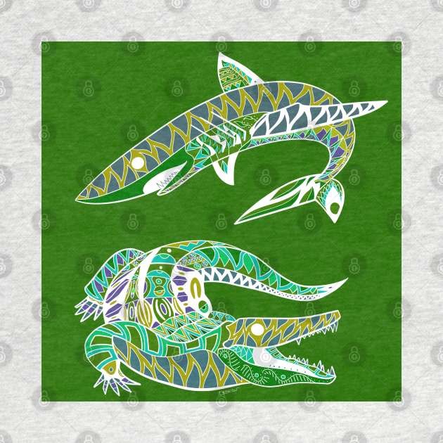 shark and the crocodile wild animals in swamp and shore pattern art by jorge_lebeau